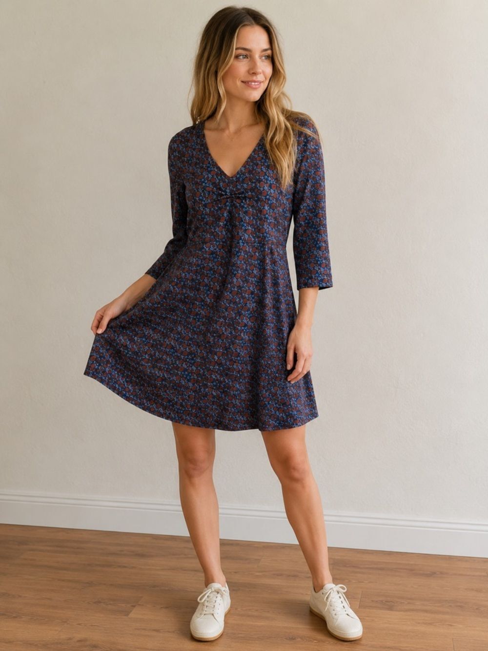 TOAD&CO Floral A-Line Dress Size Small Blue Red 3/4 Sleeve Stretch Knit